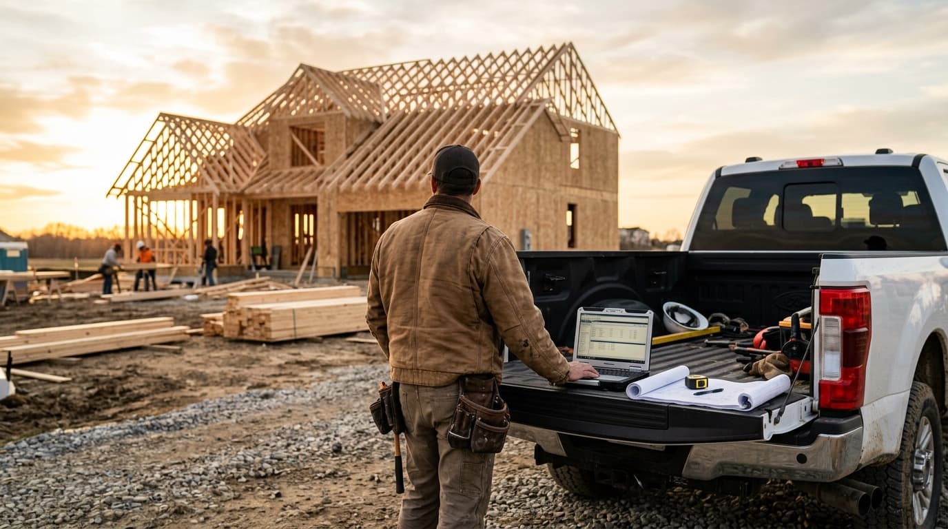 Contractor reviewing plans on a laptop at a truck at golden hour