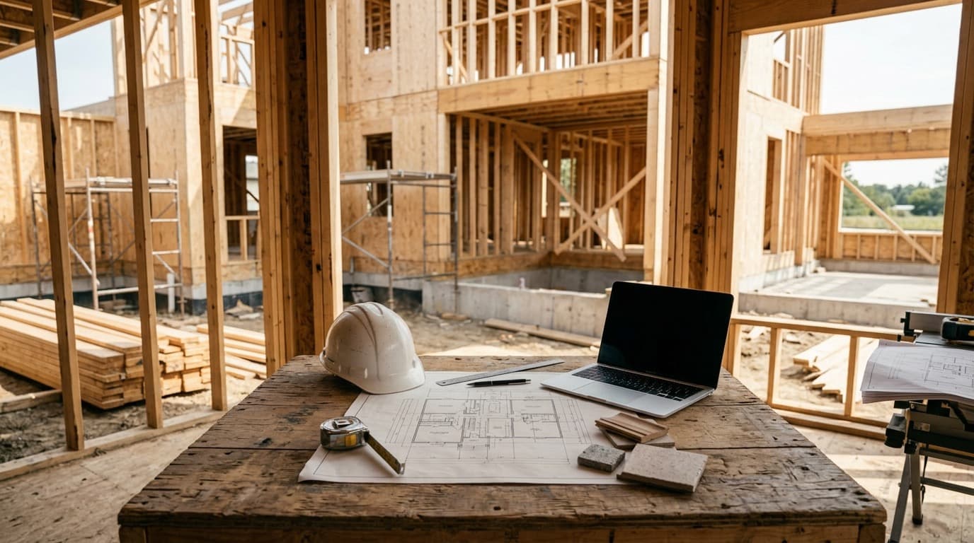 Blueprints and a laptop on a worktable
